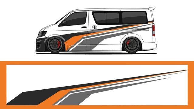 White van with orange and gray racing graphics along the side and bold stripe design.