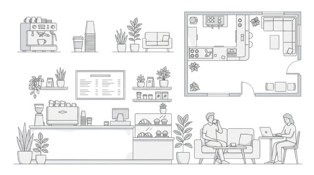 Architectural CAD blueprint detailing a modern cafe's interior layout, featuring a comprehensive floor plan and precise elevation view for efficient design and space planning