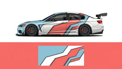 High-speed blue and white racecar with red accents and a large rear wing on a racing track. © AhzaArdiansyah