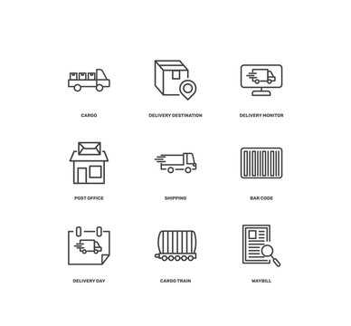 delivery and logistics icon set with cargo, delivery destination, delivery monitor, waybill signs in flat outline style