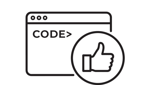 Code Window Icon with Thumbs Up Symbol, Programming Ui, Software Development Concept Illustration on White Background