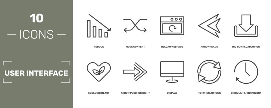 user interface icon set with reduce, move content, reload webpage, circular arrow clock signs in flat outline style