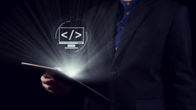 Modern web development concept featuring coding symbols, web development process, web development interface, and web development tools with futuristic design. Elide