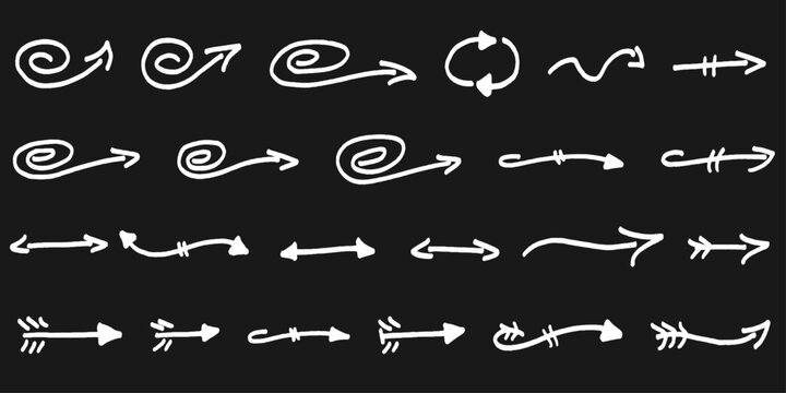 Hand drawn white chalk arrows on blackboard, set of 24 doodle arrow icons, decorative sketch pointer collection for school and business presentations