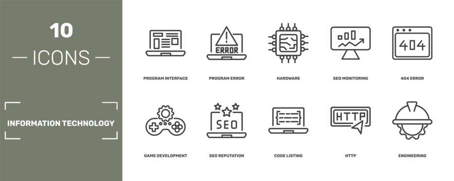 information technology icon set with program interface, program error, hardware, engineering signs in flat outline style
