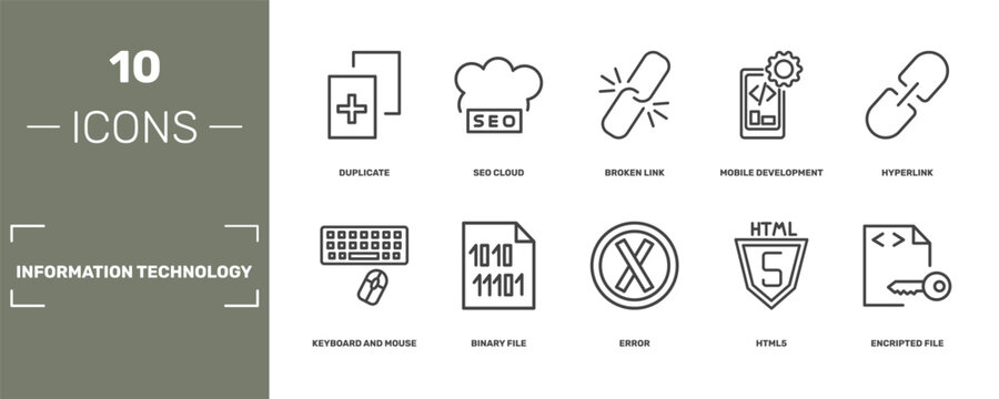 information technology icon set with duplicate, seo cloud, broken link, encripted file signs in flat outline style