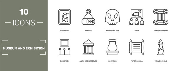 museum and exhibition icon set with gioconda, closed, anthropology, venus de milo signs in flat outline style © Abstract