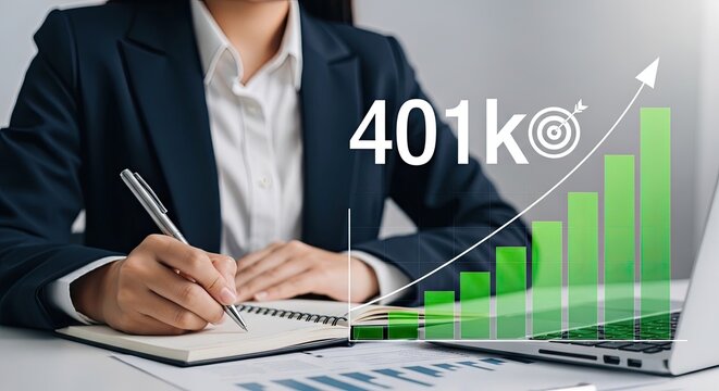 Businesswoman planning 401k retirement strategy with growth chart