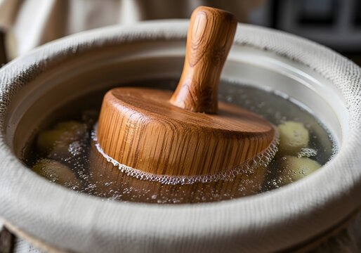 Wooden masher in a pot of boiling water with green objects