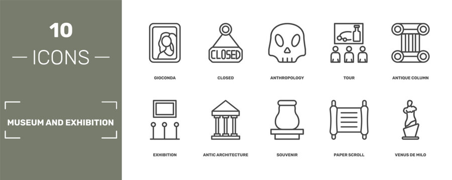 museum and exhibition icon set with gioconda, closed, anthropology, venus de milo signs in flat outline style