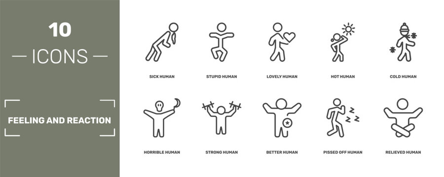 feeling and reaction icon set with sick human, stupid human, lovely human, relieved signs in flat outline style