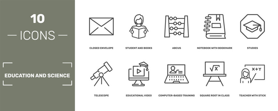 education and science icon set with closed envelope, student and books, abcus, teacher with stick signs in flat outline style