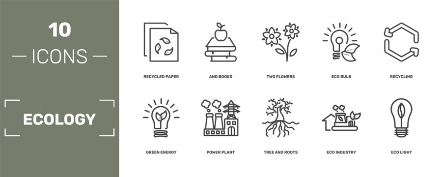 ecology icon set with recycled paper, and books, two flowers, eco light signs in flat outline style