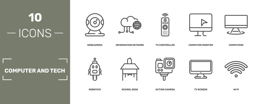 computer and tech icon set with webcamera, information network, tv controller, wi fi signs in flat outline style