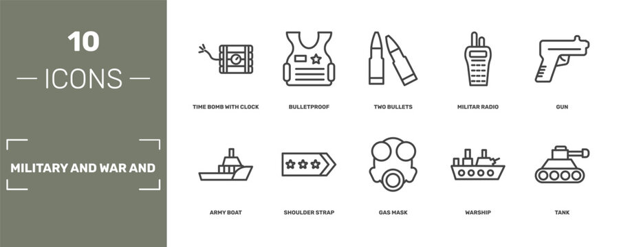 military and war and icon set with time bomb with clock, bulletproof, two bullets, tank signs in flat outline style