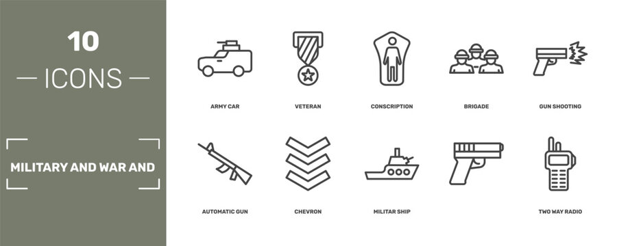 military and war and icon set with army car, veteran, conscription, two way radio signs in flat outline style