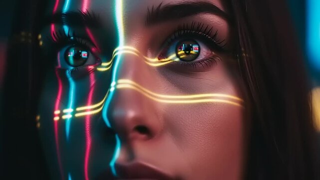 Futuristic Woman with Neon Lights on Face.