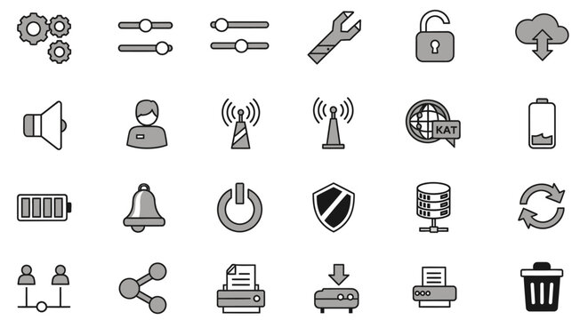 Essential Technology and Network Outline Icons Set on Isolated White Background