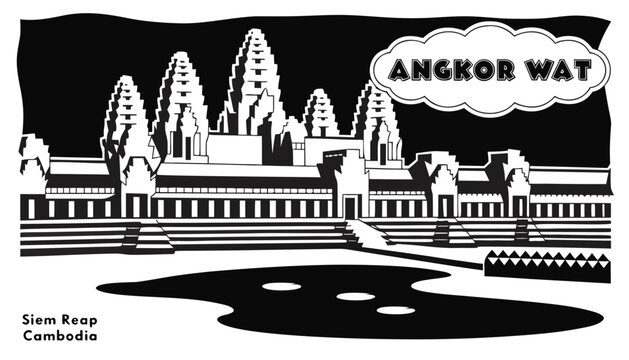 Very beautiful black-and-white engraved vector illustration featuring ANGKOR WAT in Siem Reap, Cambodia, highlighting its iconic temple towers and a decorative landmark label reading "ANGKOR WAT".