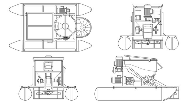 Shrimp feeder aquaculture equipment technical drawing blueprint with front side back and top views CAD line art vector illustration
