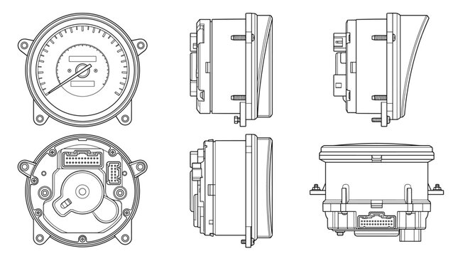 Speedometer automotive instrumentation component technical drawing blueprint with front side back and side views CAD line art vector illustration