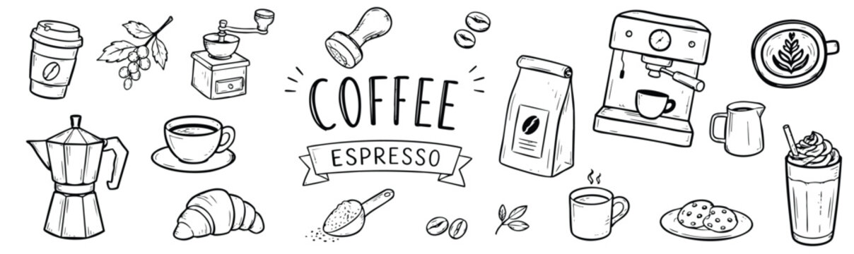 Set of hand drawn coffee elements, including espresso machine, coffee beans, cups, grinder, croissant, latte art, and coffee bag, isolated on white background