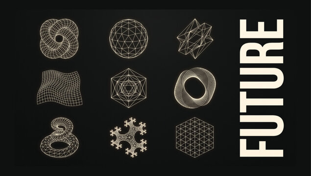 Abstract geometric symbols set and future text label with geometric abstract wireframe mathematics futuristic elements patterns structure ornament composition template conceptual