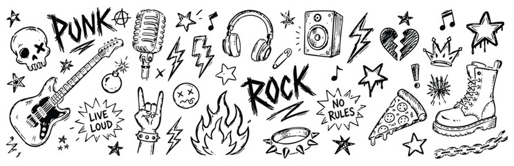 Hand-drawn punk rock and rock and roll doodle set. Grunge style collection of music and rebellion themed elements, including skull, guitar, microphone, headphones, and text. © Zbrake Studio