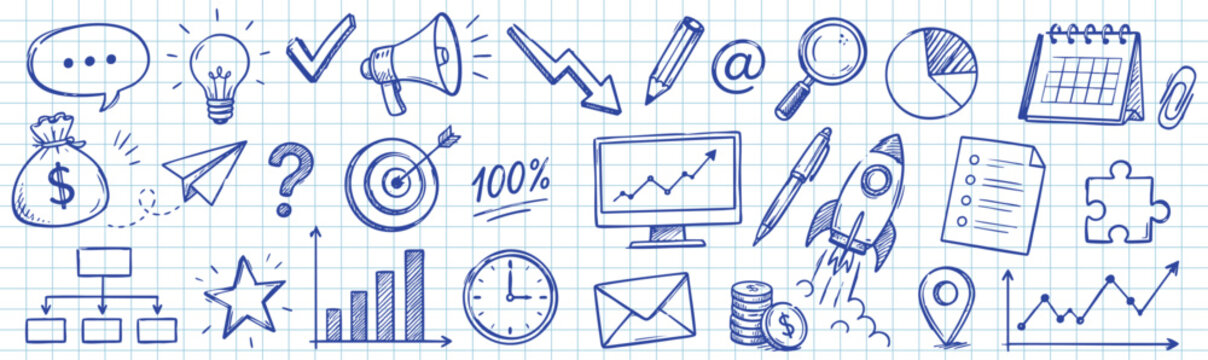 Set of hand-drawn business, office, and finance icons including charts, rocket, target, money, and communication symbols on a grid paper background.
