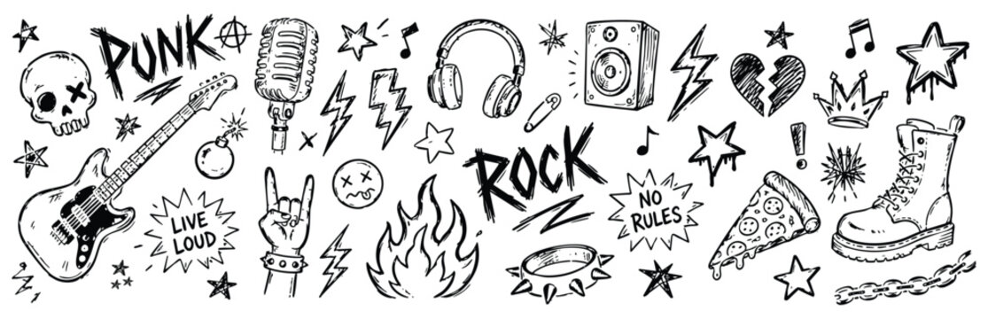 Hand-drawn punk rock and rock and roll doodle set. Grunge style collection of music and rebellion themed elements, including skull, guitar, microphone, headphones, and text.