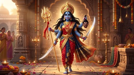 Obraz premium Goddess Kali Standing in Sacred Hindu Temple with Trident