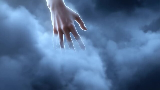 Slow motion tracking shot of human hand reaching down through storm clouds with lightning and mist in dark blue sky, ominous dramatic atmosphere