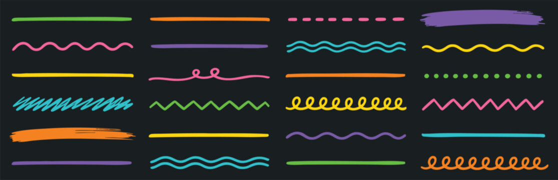 Collection of colorful hand-drawn vector underline strokes, wavy lines, zigzags, and markers isolated on a dark background for text highlighting.