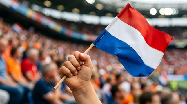 Hand holding Netherlands flag at stadium | Dutch football fan supporting national team | Orange army crowd at sports arena | Patriotism and celebration in Holland | Euro Cup soccer match event