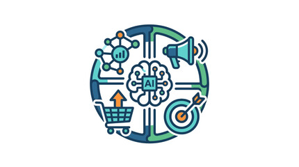 Fototapeta premium AI Marketing Strategy Hub with Brain, Shopping Cart, Target, Megaphone & Network Icons