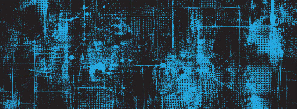 A high-contrast abstract grunge background featuring a vibrant blue distressed texture, geometric halftone patterns, and rough scratches on black.