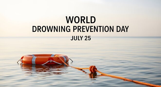 World drowning prevention day awareness with orange life preserver at sea