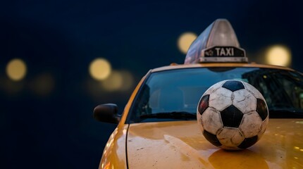 Worn soccer ball on yellow taxi vehicle, referencing world cup 2026 global football, useful for sports marketing usage.
