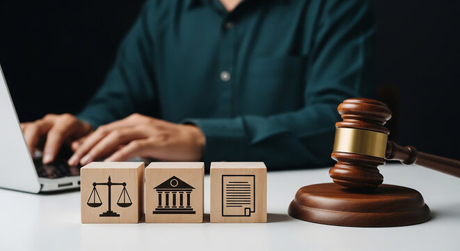 Justice on Screen: A close-up shot depicts a gavel on a desk beside three wooden blocks with icons representing justice, government, and law, as a person works on a laptop in the background.
