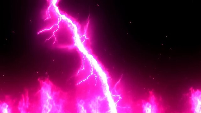 Slow motion vertical lightning strike hitting magenta flames against dark night sky with glowing neon bolts and flickering fire