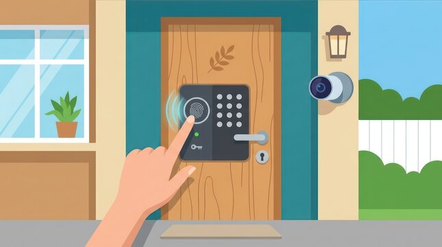 Hand using digital door lock keypad.