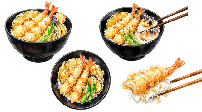 天丼のイラストセット,水彩風の海老天と野菜天ぷら丼,お箸の箸上げと天つゆタレ染み素材集,手描きベクター,和食どんぶり
