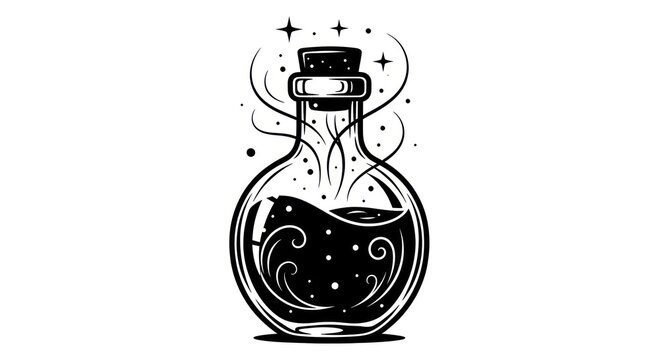 Black and white potion bottle with magical swirls and stars illustration