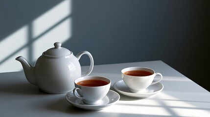 Fototapeta premium Awesome photo of white porcelain teapot and two cups of tea on table with window shadows.