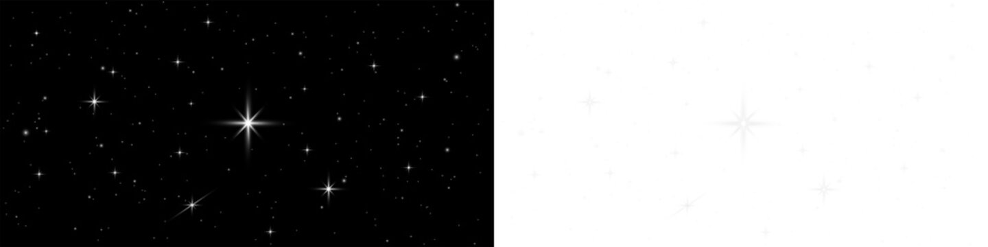 Sparkling white glittering twinkling stars and glowing light particles overlay for dark night sky fantasy background on transparent realistic PNG