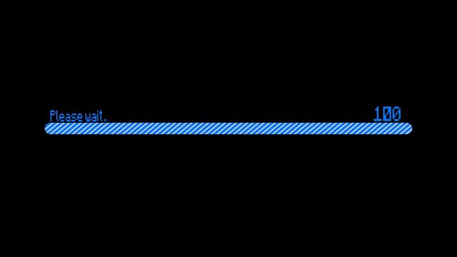 Please wait progress bar graphic with blue loading indicator on black screen