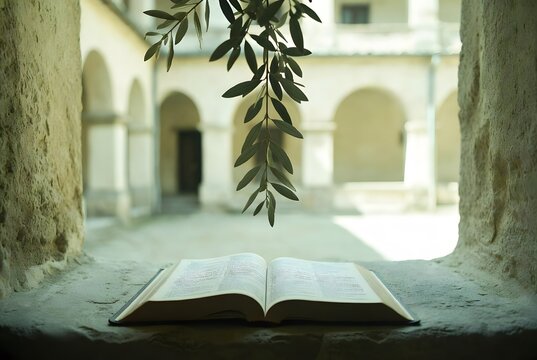 a quiet healing atmosphere centered on a single open Bible placed on a low stone ledge beneath an olive branch