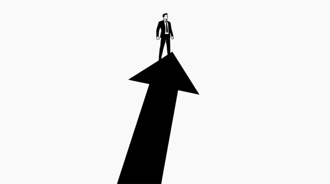 A lone businessman stands at the forefront of a bold black arrow, symbolizing ambition and the upward trajectory of success.