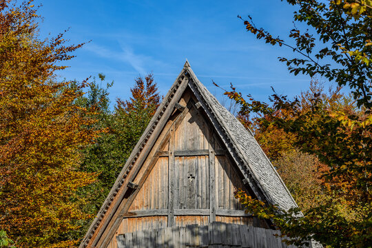 Wooden Church at Campus Galli in Autumn