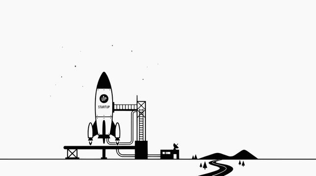 A retro-style rocket stands ready for launch on a launchpad, with a service tower and distant landscape under a starry sky, in a minimalist black and white illustration.